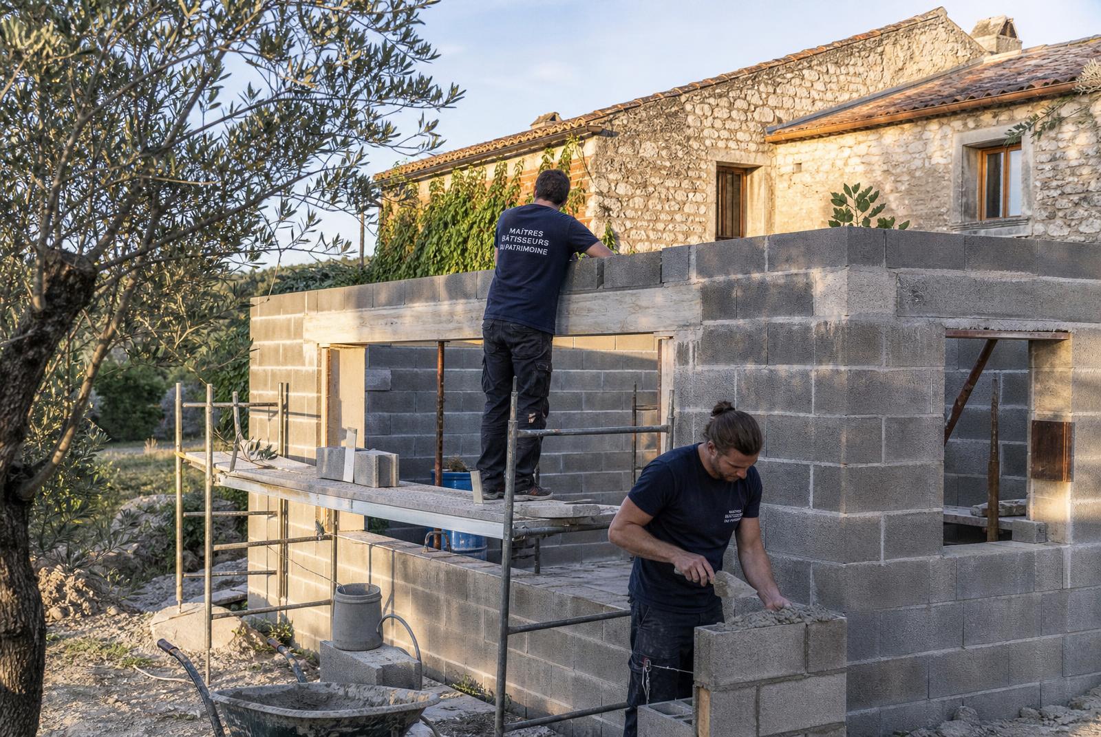 Compagnons maçons montant une extension en maçonnerie près d'un mas ancien en Provence