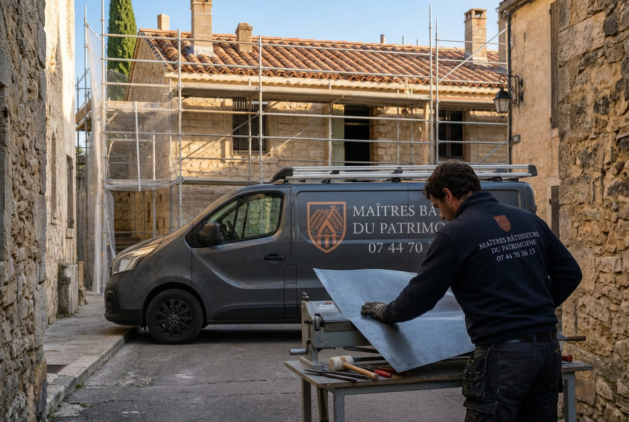 Zingueur des Maîtres Bâtisseurs du Patrimoine façonnant une feuille de zinc sur table à plier devant un chantier de toiture en tuiles canal dans un village du Var