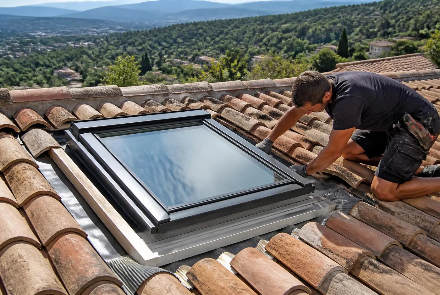 Pose d'une fenêtre de toit et étanchéité du raccord de tuiles à La Garde